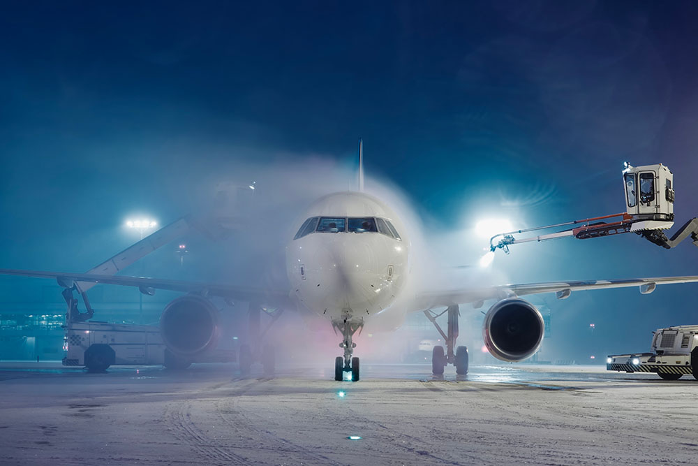 A plane being deiced from both sides.
