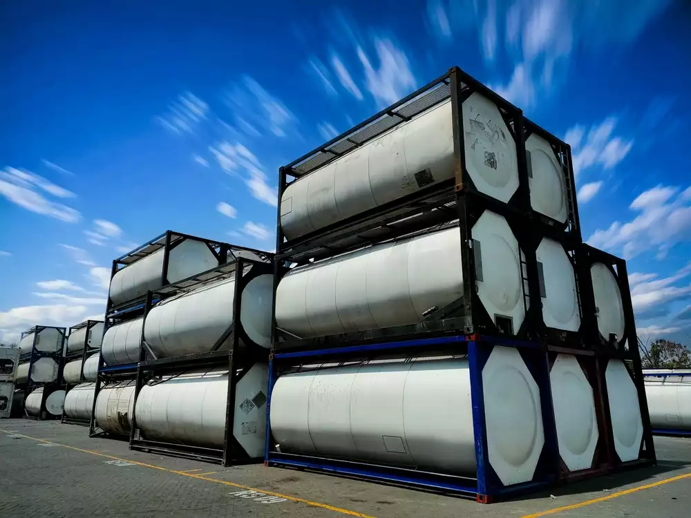 A row of stacks of ISO tanks.