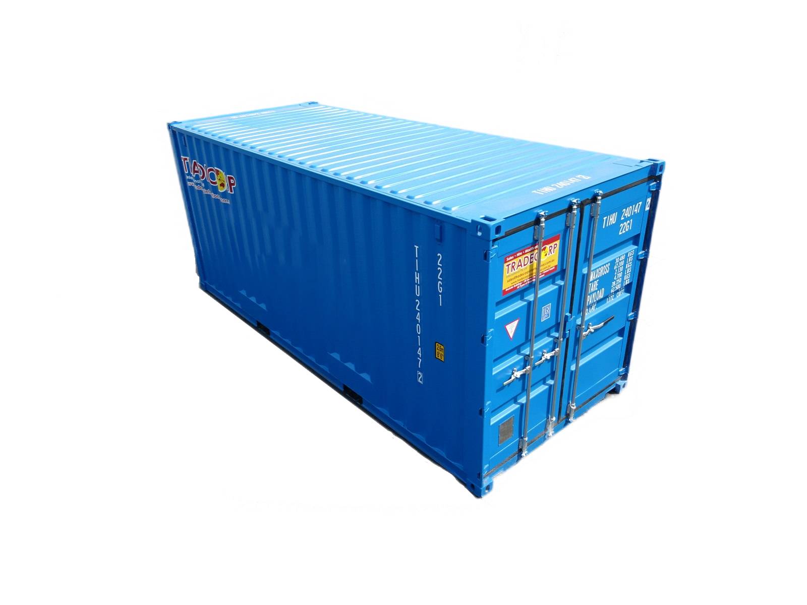 20 feet general purpose blue container with forklift pockets front view