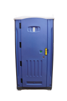 Blue portable toilet close door view